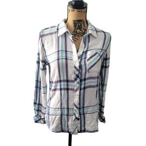 Small Rails soft white and blue plaid flannel button down shirt